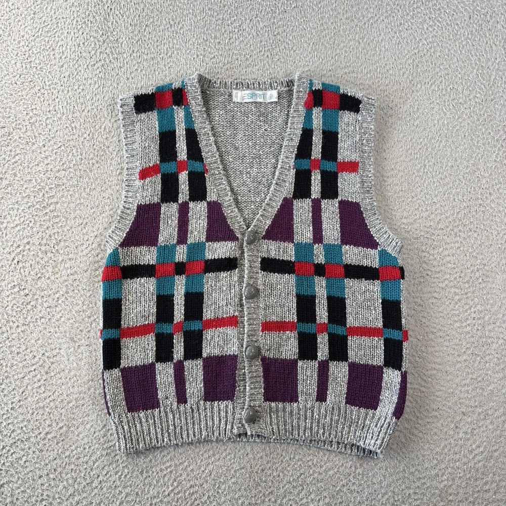 Vintage Esprit Sweater Vest Cardigan Womens Small Wool Blend Geometric Colorful